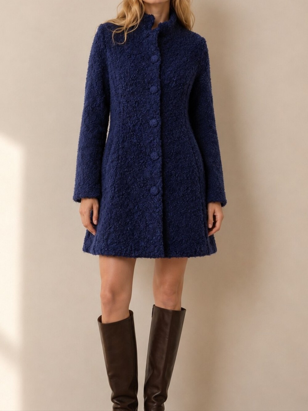 Bouclé 100% baby alpaca Navy Blue A-line women Coat quiet luxury Winter